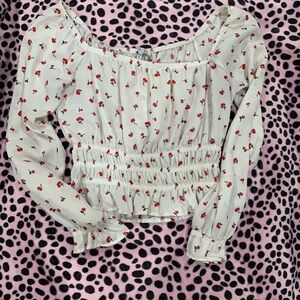 White Cherry Print Ruched Crop Long Sleeve Top